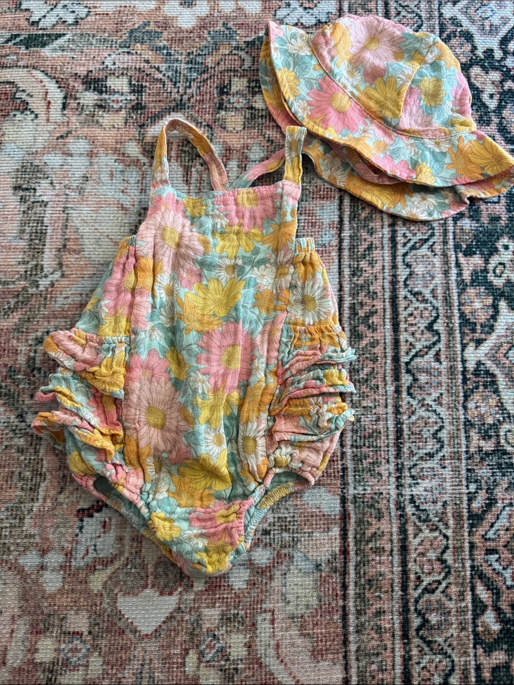 Angel Dear Pink Yellow Floral Ruffle Romper & Sun Hat Set